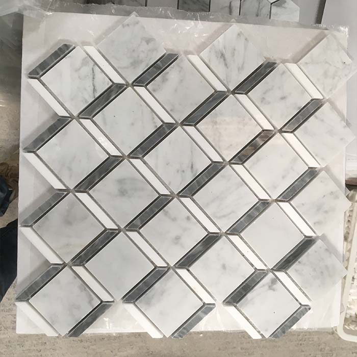 Square with Gray Strip Mosaic Bianco Carrara