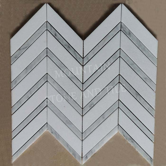 Chevron 1x4 mosaic Thassos White with Bianco Carrara